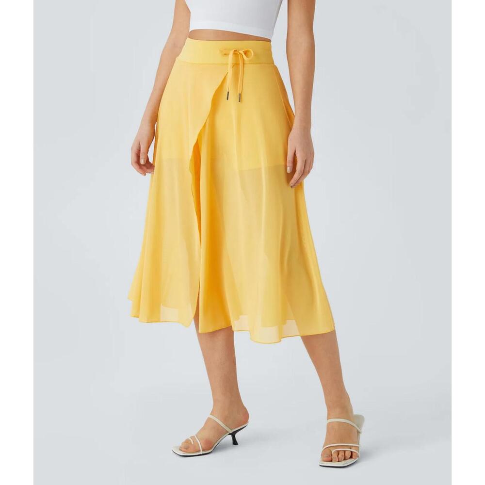 NWT Halara High Waisted Drawstring 2-in-1 Pocket Flowy Midi Skirt Popcorn S - Picture 1 of 12